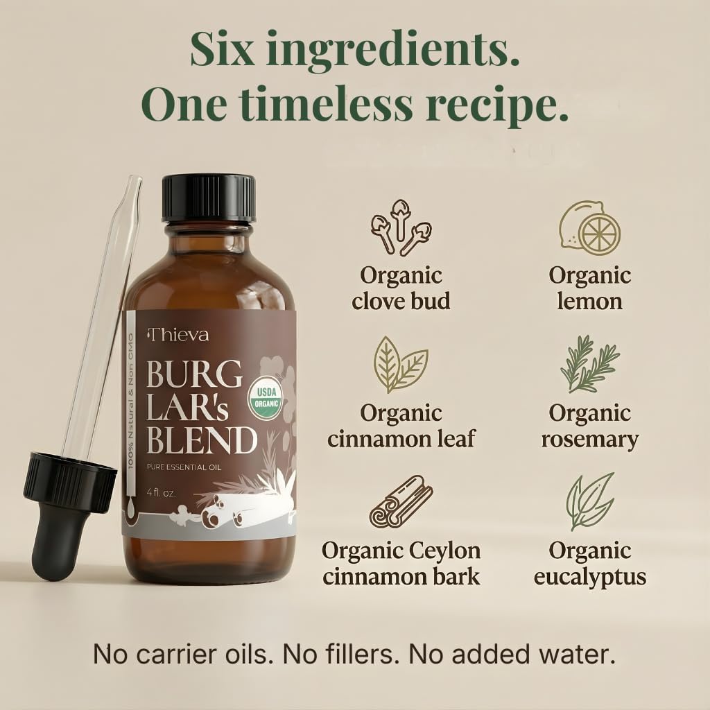 THIEVA Burglar’s Blend Essential Oil 4 oz – USDA Organic Pure Oil Blend for DIY Household Cleaning Seasonal Home Wellness and Diffuser Aromatherapy