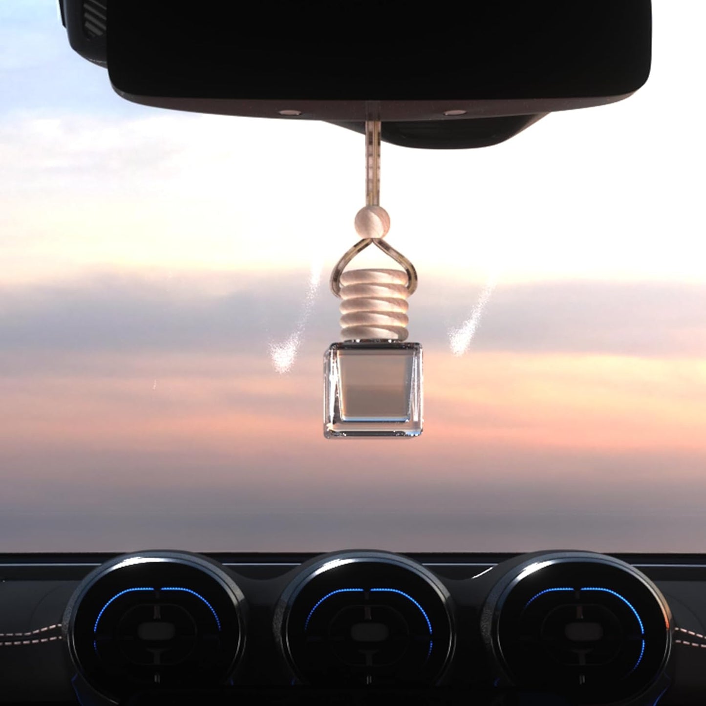 5PCS Hanging Car Air Freshener, Auto Interior Decoration 8 ml Oil Diffuser Perfume Aromatherapy Pendant Empty Glass Bottle, Fragrance Ornament with Vent Clip Wooden Cap and Rope (Square)