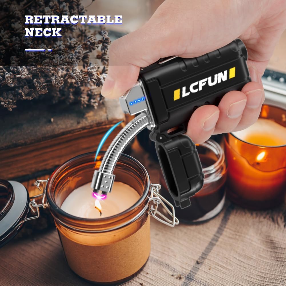 LcFun USB C Rechargeable Electric Lighter, Waterproof Plasma Lighters with LED Battery Display, Windproof Long Arc Lighters for Candle, Camping, Hiking, Outdoor Survival Gadgets for Men