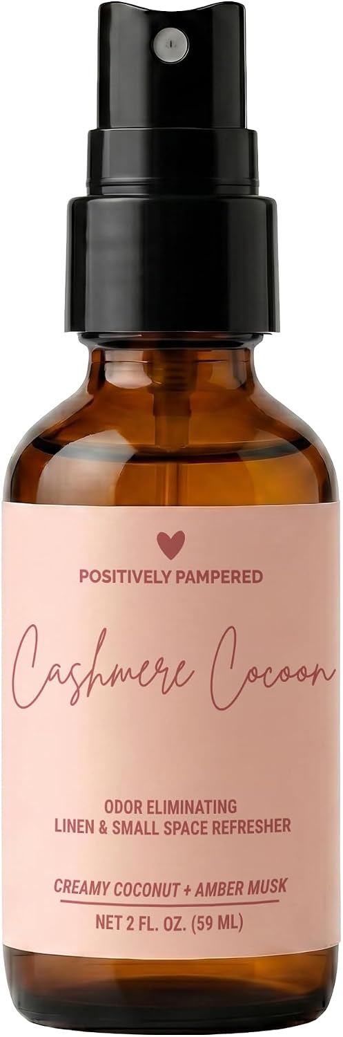 Cashmere Cocoon Luxury Small Space Air & Linen Freshener Spray - Creamy Coconut + Amber Musk - Artisan Blended Home Fragrance - Non Toxic Room Spray + Odor Eliminator - 2 oz Travel Size