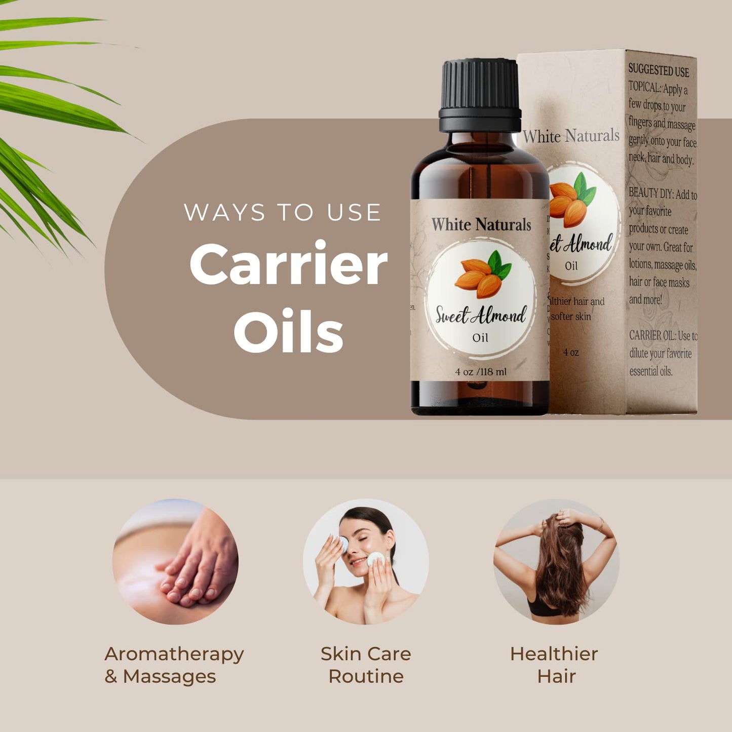 White Naturals Sweet Almond Oil for Hair and Skin, 100% Pure and Natural Cold Pressed, Hexane Free, Skin Moisturizer, Nails, Massage, Carrier Oil