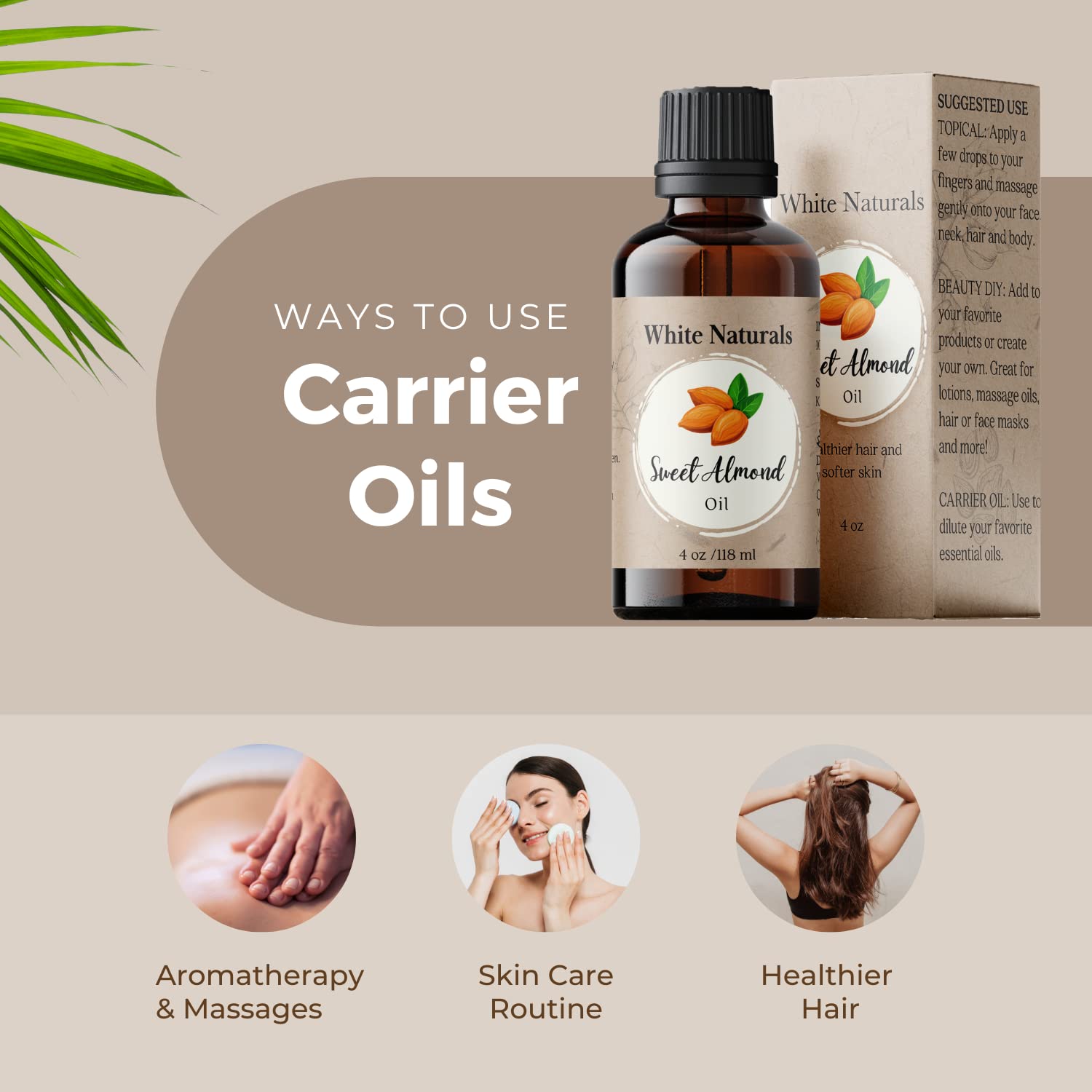 White Naturals Sweet Almond Oil for Hair and Skin, 100% Pure and Natural Cold Pressed, Hexane Free, Skin Moisturizer, Nails, Massage, Carrier Oil