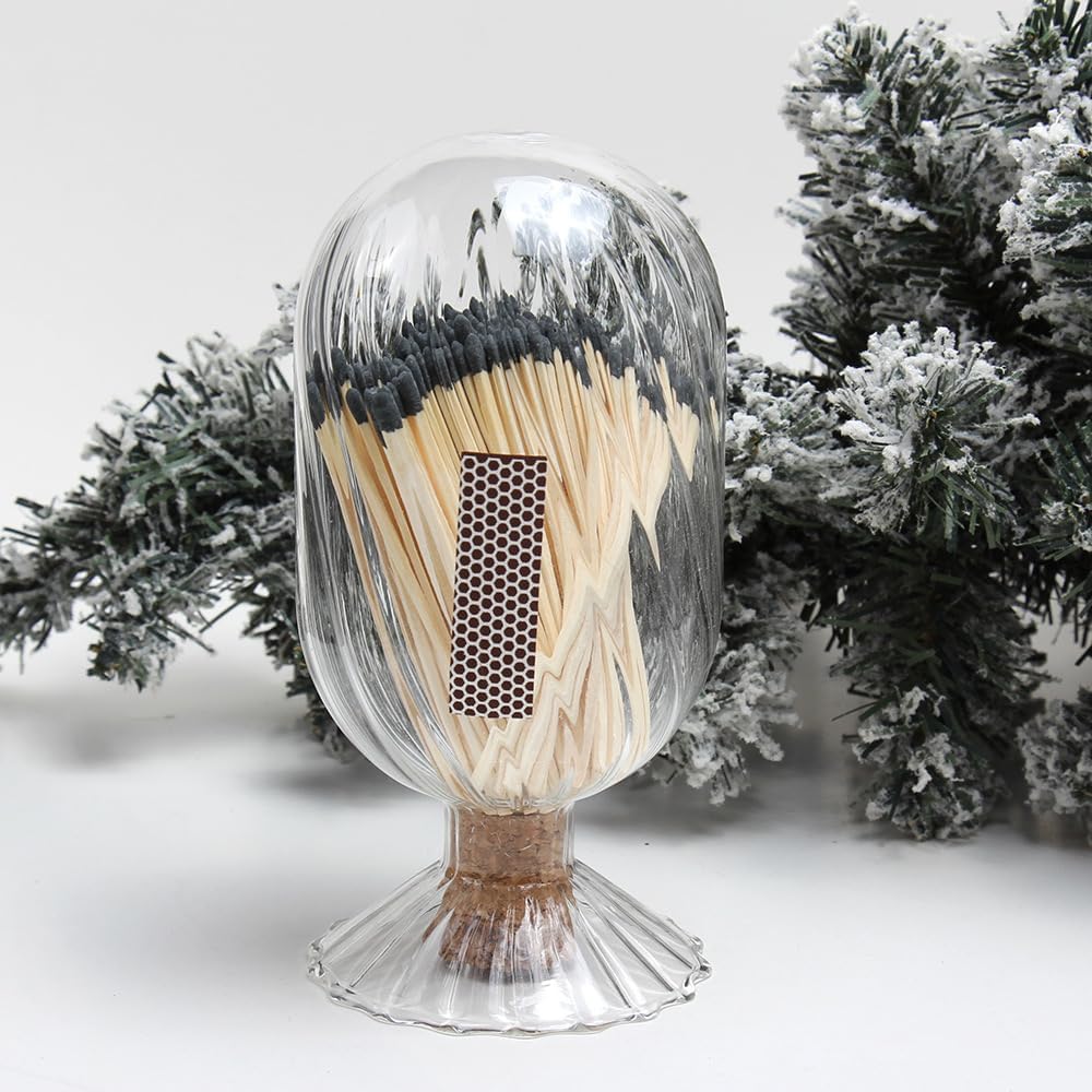3'' Decorative Black Matches in a Jar with Striker (100Count), Safety Matches for Candles, Match Holder with Candle Matches, Match Cloche with Striker, Long Fireplace Matches for BBQ Grill