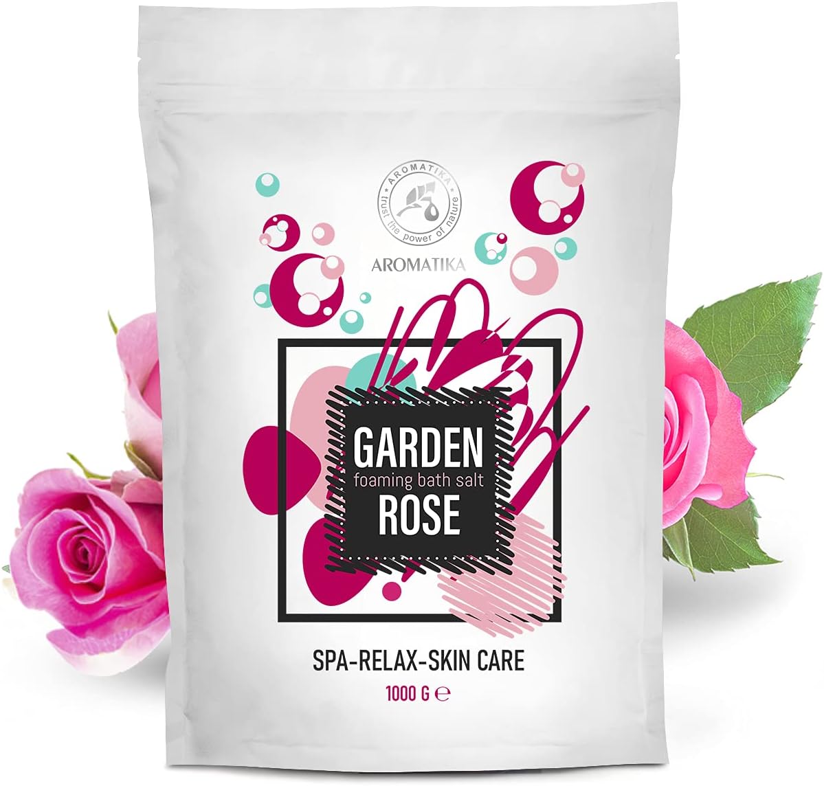Foaming Bath Sea Salt Rose 35 Oz - 1000g - Bubble Bath Salts with Almond & Rosewood Essential Oil & Rosa Damascena Flower Extract for Bath Soak - Relaxing Bath - Aromatherapy Bath Salts