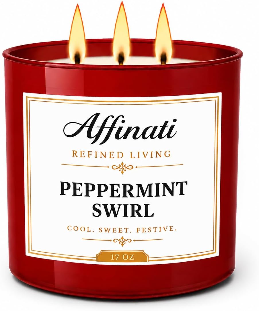 Affinati Peppermint Swirl 3 Wick Scented Candle – Large Soy Blend Candle, Strong Scent Throw Fresh Crisp Sweet Mint Winter Candles, Premium Holiday Home Fragrance Gift