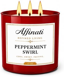Affinati Peppermint Swirl 3 Wick Scented Candle – Large Soy Blend Candle, Strong Scent Throw Fresh Crisp Sweet Mint Winter Candles, Premium Holiday Home Fragrance Gift
