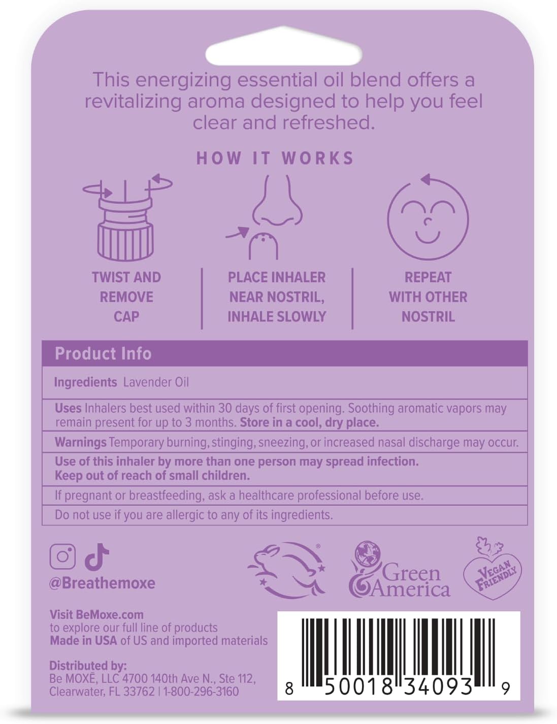 MOXE Lavender Essential Oil Nasal Inhaler, Therapeutic No-Mess Aromatherapy, Relaxation, Naturally Calming, Before Sleep Routine, Uplifts Mood, Pure and Undiluted, Made in USA (1 Pack)