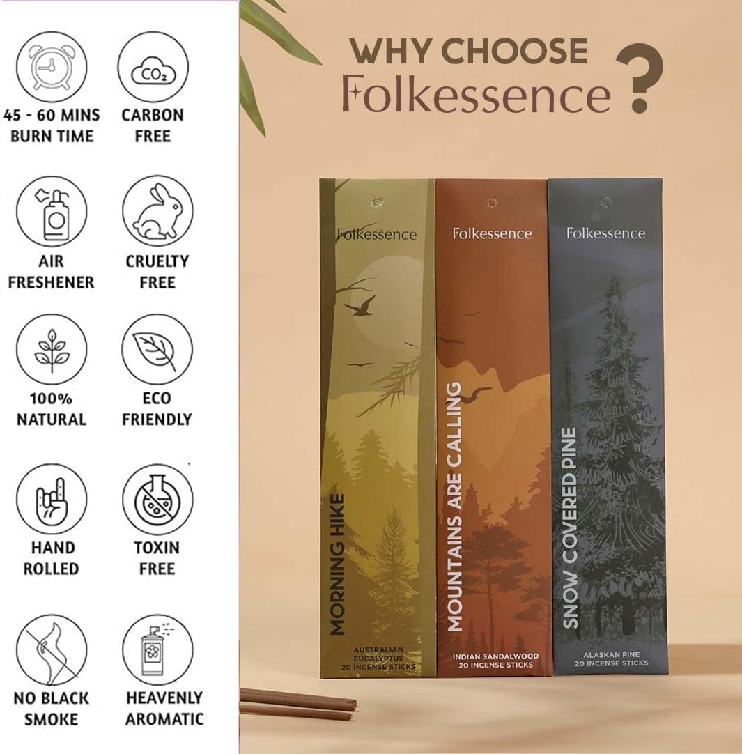 Folkulture Incense Sticks (120 Sticks) | Set of 6 Premium Incense For Relaxation, Aromatherapy| No Charcoal, Organic, Non Toxic, 45 Mins, Long Burning Sandalwood, Eucalyptus, Palo Santo Insence-Sticks
