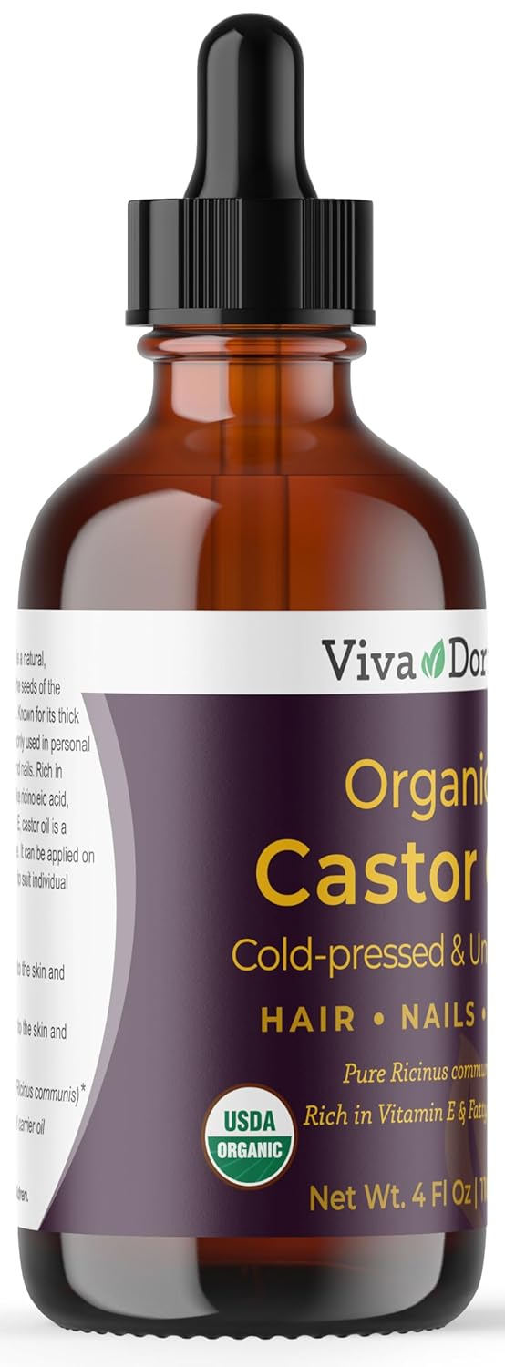Viva Doria Organic Castor Oil, 4 Fl Oz | Virgin, Cold Pressed, Hexane-Free, Vegan | Nourishing Hair & Skin Care | Eyelash & Brow Serum | Glass Bottle with Dropper Top