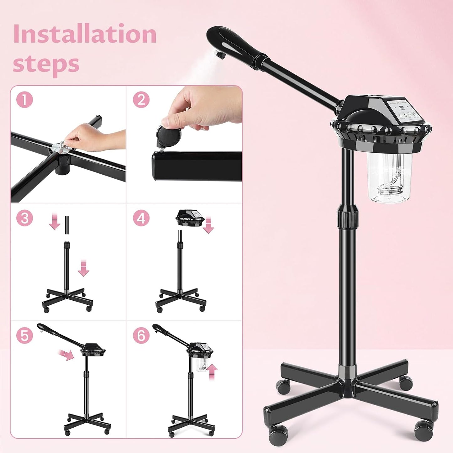 Professional Facial Steamer, Facial Steamer on Wheels with More Steam, Adjustable Height and Angle, Face Steamer for Deep Cleansing and Hydration, Estheticians Steamer for Beauty, Spa and Home Use