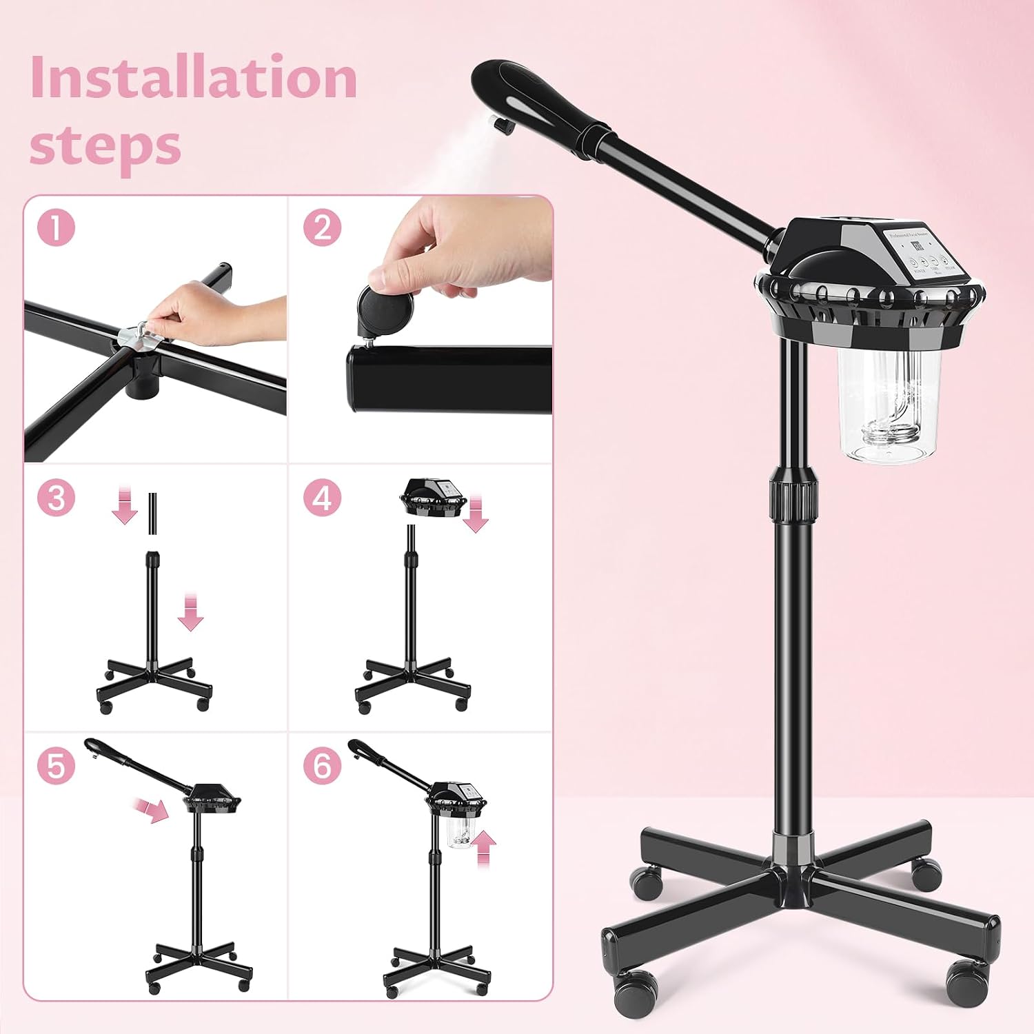 Professional Facial Steamer, Facial Steamer on Wheels with More Steam, Adjustable Height and Angle, Face Steamer for Deep Cleansing and Hydration, Estheticians Steamer for Beauty, Spa and Home Use