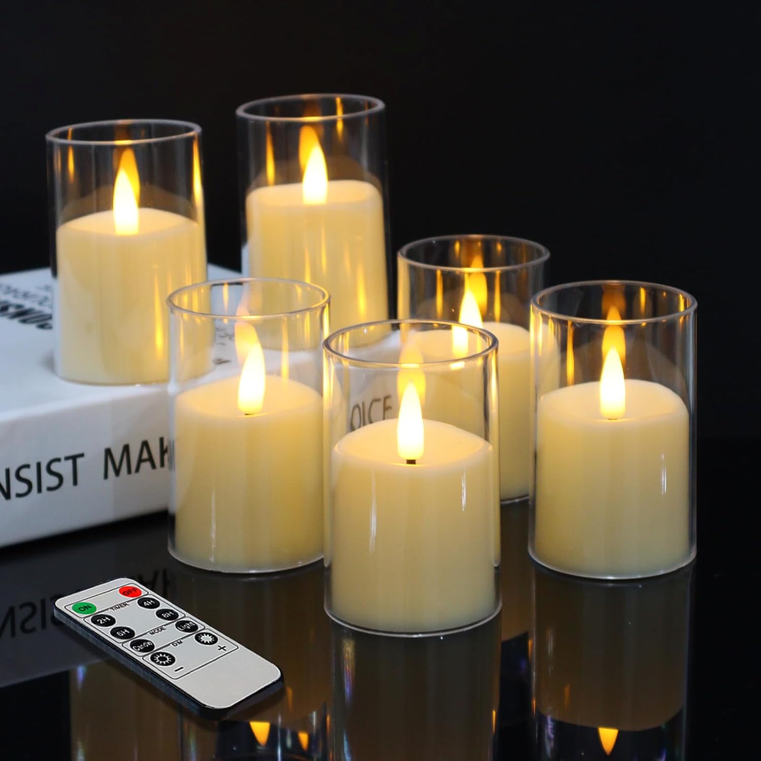 6 Pack Flickering Flameless Votive Candles with Timer and Remote, Battery Operated Long Lasting 300+ Hours, Small Pillar LED Fake Candles for Wedding Home Decor, Acrylic Shell, 2" x 3"