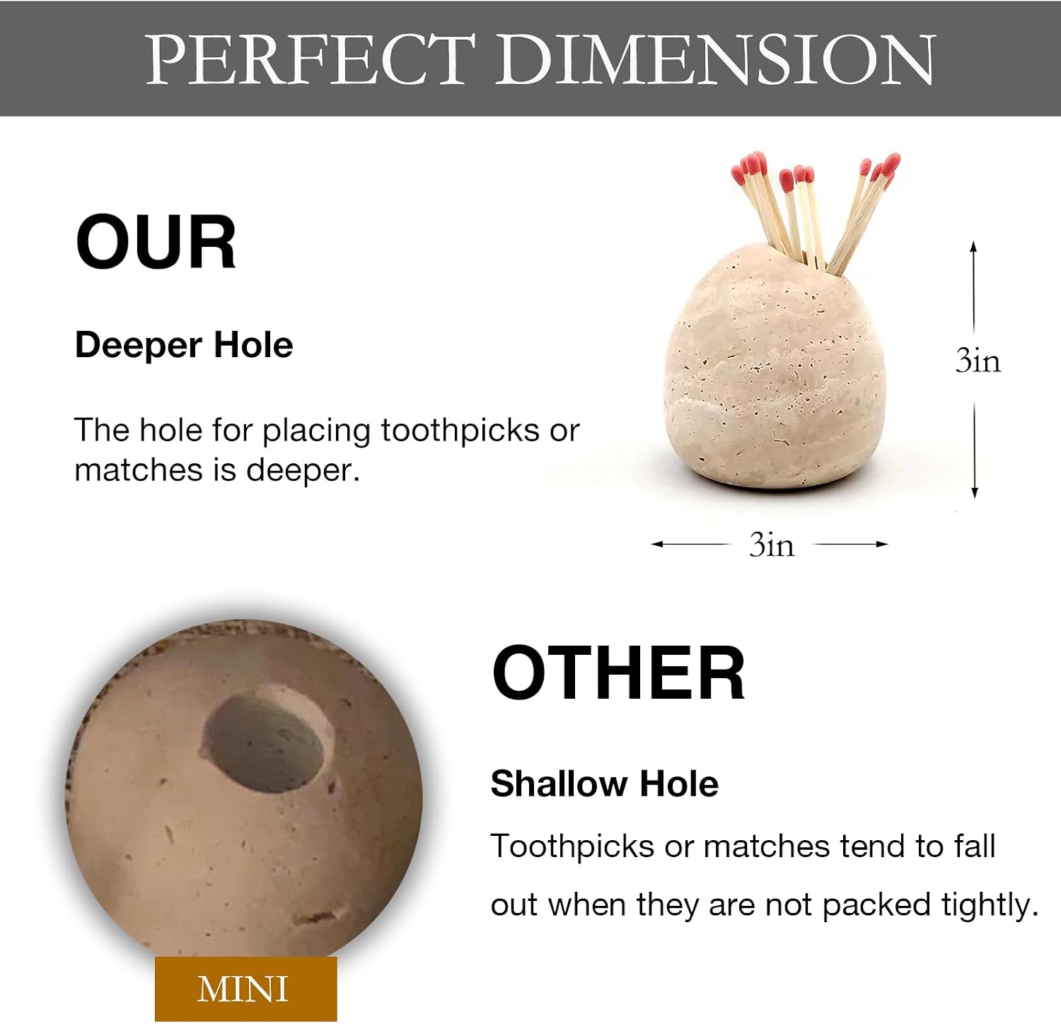 100% Travertine Match Holder |Toothpick Holder | Cute Beige Match Cloche | Matches Jar Box for Candles or Bathroom Decor | 3x3x3 | Matches NOT Included