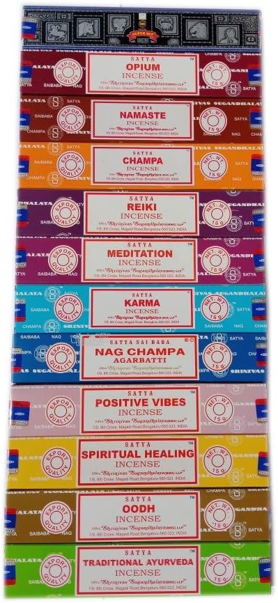 Satya Incense Set x 15gram Includes: Nag, Super Hit, Oodh, Positive Vibes, Namaste, Champa, Opium, Reiki, Spiritual Healing, Karma, Traditional Ayurveda and Meditation, Wood, Multi, 12 Packs