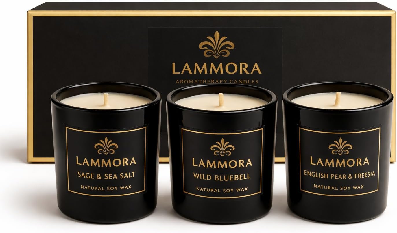Aromatherapy Candle Gift Set – 3 Scented Candles (English Pear & Freesia, Sage & Sea Salt, Bluebell) – Natural Soy Wax, Long‑Lasting 48Hr Burn, Elegant Gift Box