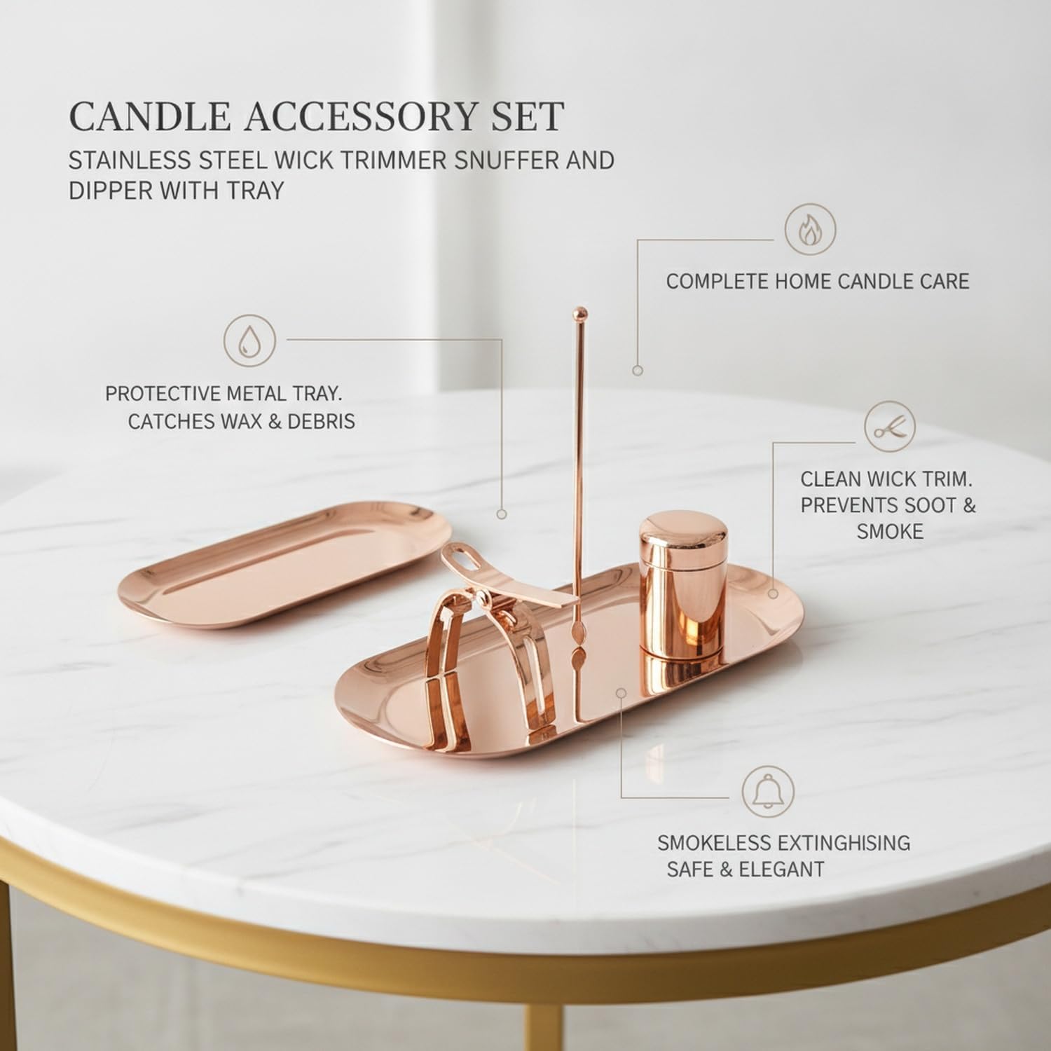 Candle Accessory Set with Tray, Stainless Steel Wick Trimmer Snuffer and Dipper for Home Candle Care
