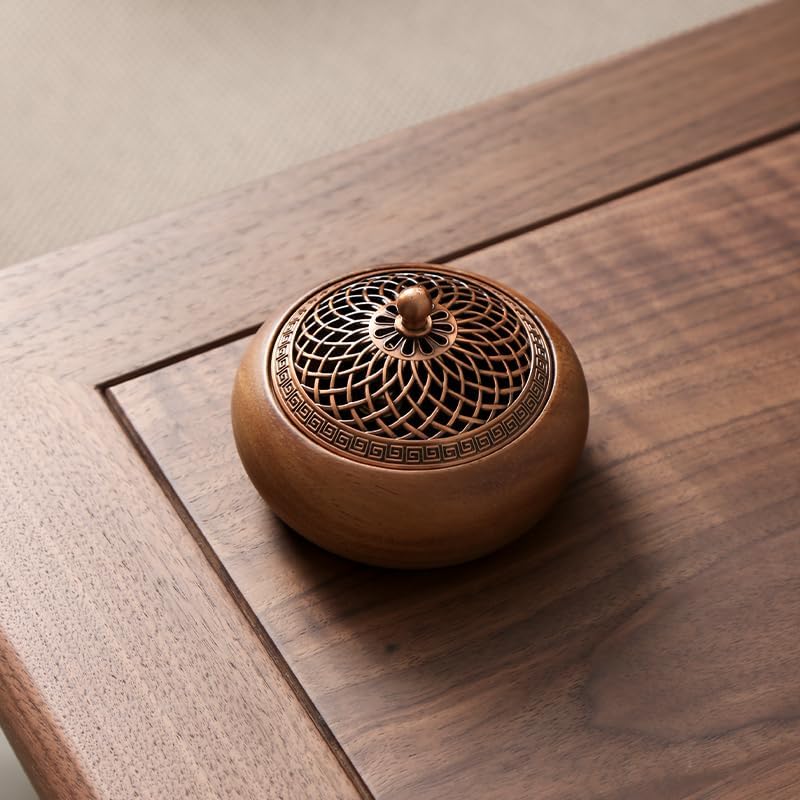 Round Incense Burner - Handcrafted Wooden Censer with Alloy Lid for Sticks/Cones/Sage, Natural Wood Aroma Tray Holder for Yoga Meditation