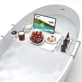 Bathtub Tray for Large Soaking Tub Table Tray Expandable Tub Shelf for Bathtub Caddy Bath Shelf Over Tub Luxury Bath Board Book Holder with Removable 2 Cup Holder Phone Metal Shower Caddy Basket White