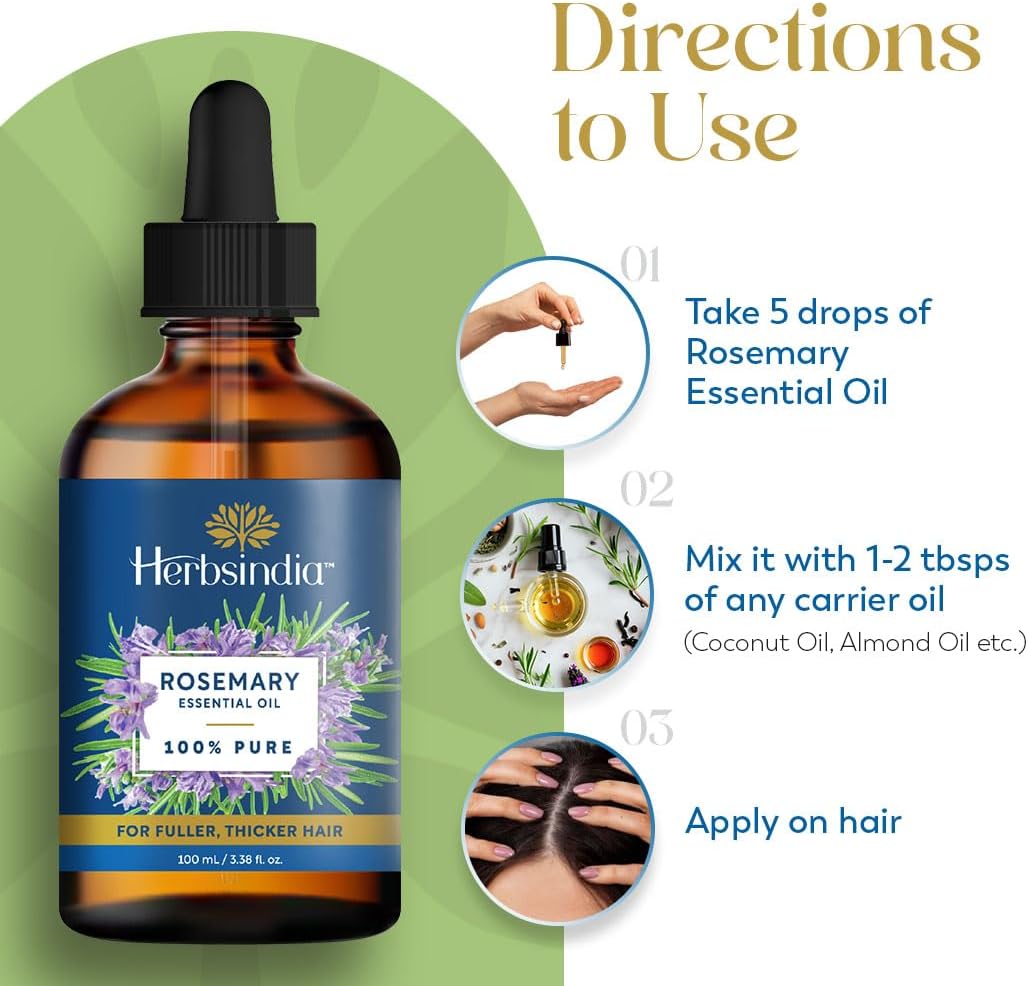 Herbsindia Rosemary Essential Oil for Hair - Huge 3.3 Fl Oz - 100% Pure - Premium Grade with Glass Dropper, Undiluted, Non-GMO
