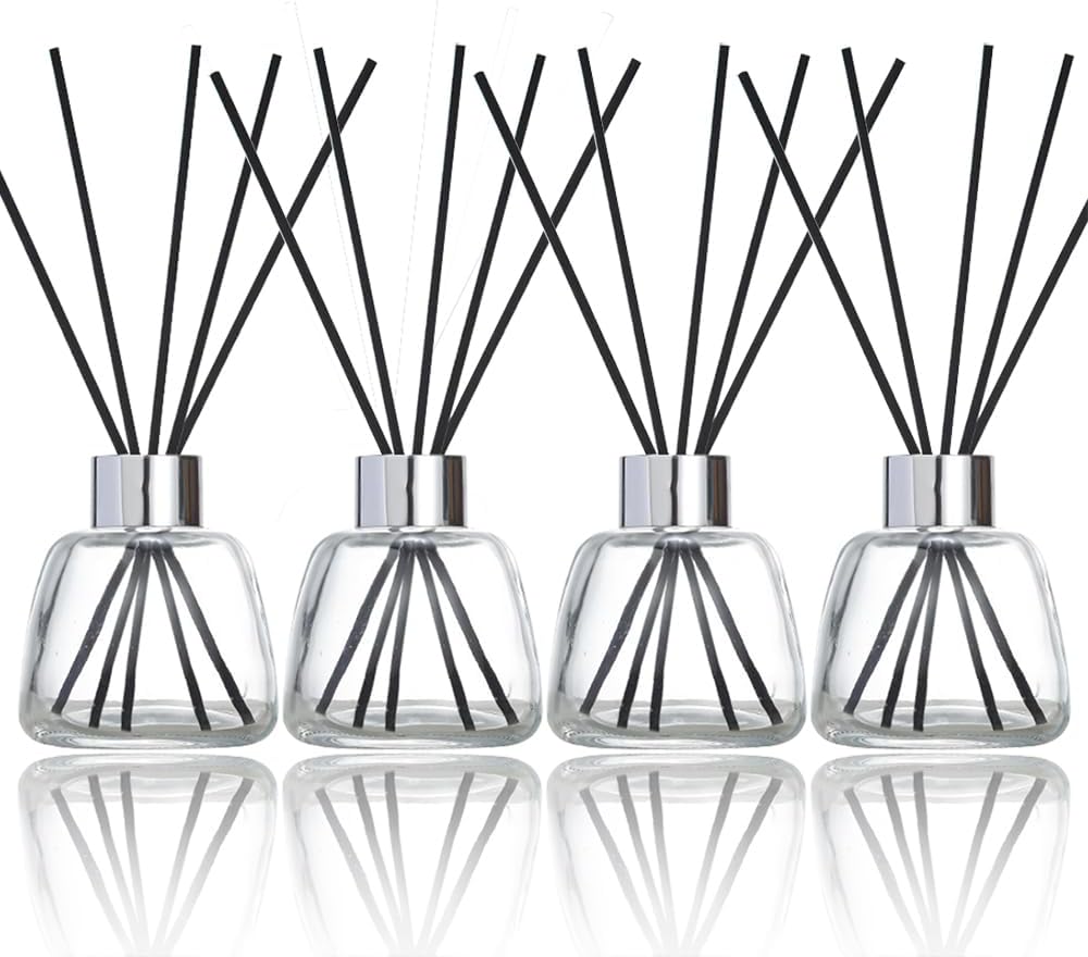 Kaxich 4 Pack Reed Diffuser Bottle Empty Glass Jar 3.52 oz Refillable Essential Oil Bottles with 30pcs Reeds Sticks, Elegant Home Decor Set for Bedroom, Bathroom, Office Decoration Gift