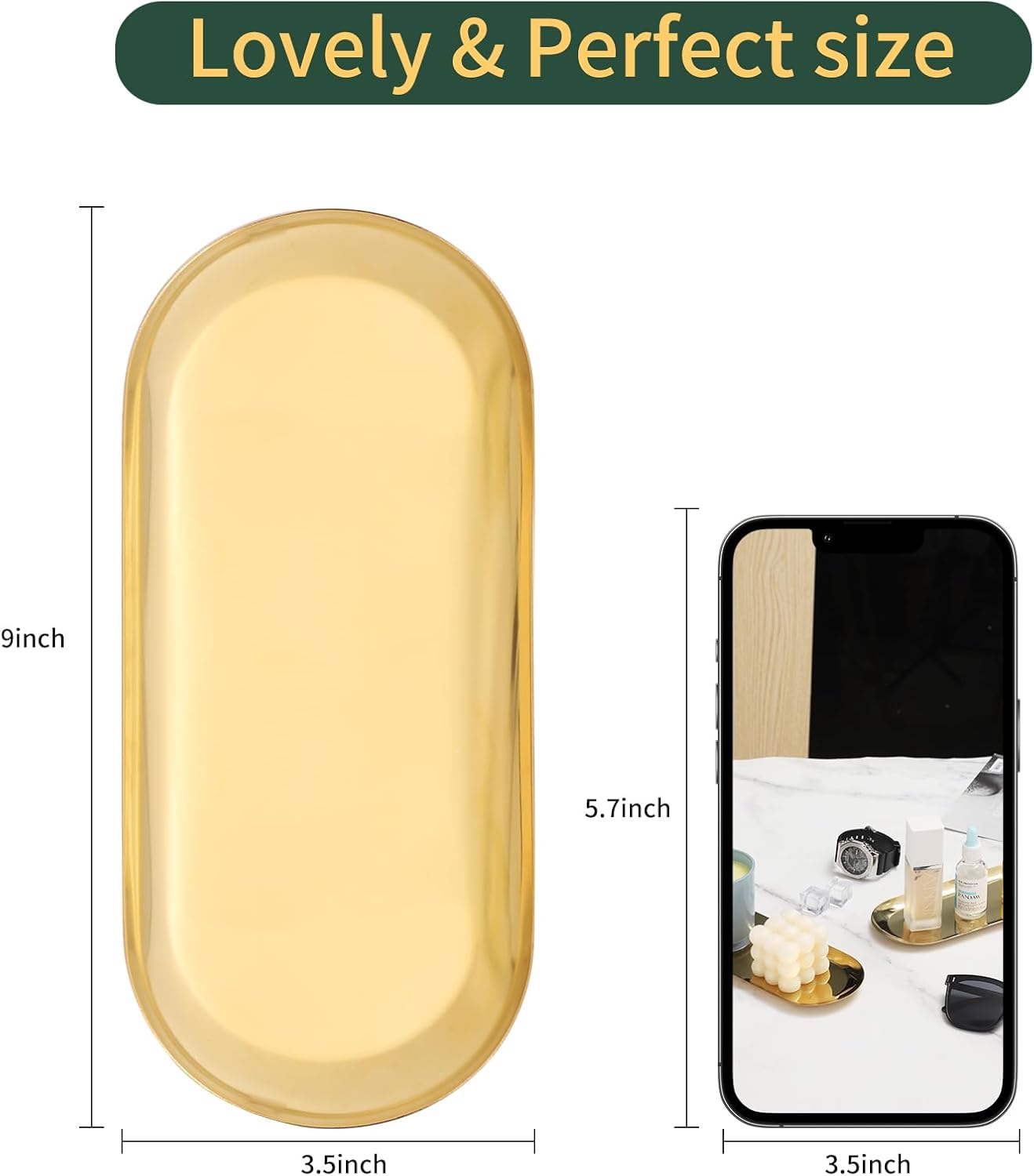 2Pack Gold Decorative Trays Bathroom Vanity Tray for Dresser Counter, Stainless Steel Jewelry Dish Cosmetics Organizer, Perfume Ring Key Candle Organizer Tray, Oval, Gold