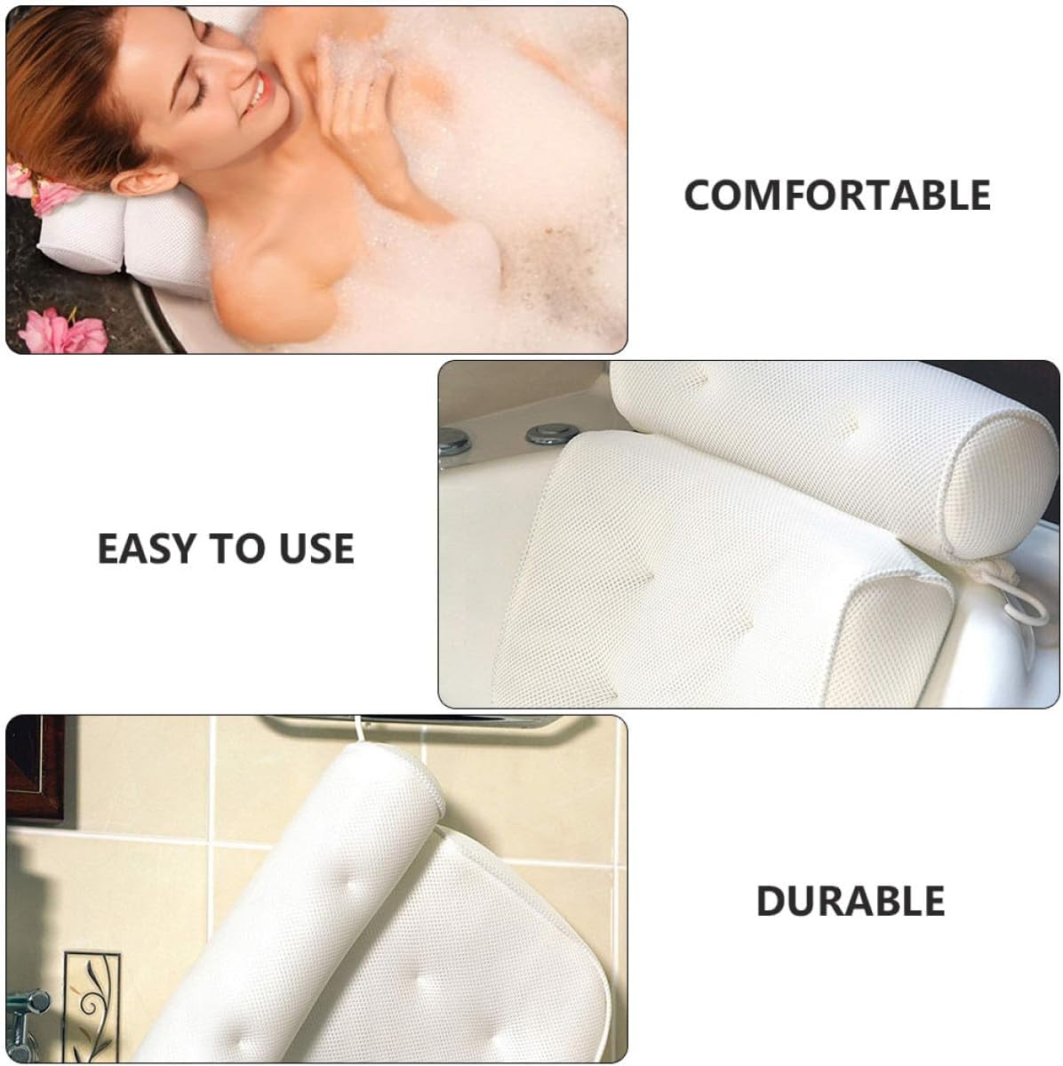 Spa Bath Pillow with 6 Suction Cups, 3D Mesh Cloth Tub Head Support and Bathtub Neck Cushion for Adults, Ergonomic Non-Slip Bathtub Pillow for Relaxing Soaking and Shower Use