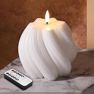 White Swirl Flameless Candles with Remote, Aesthetic Twirl LED Pillar Candle Housewarming Gift Home Shelf Decor 1 Pack