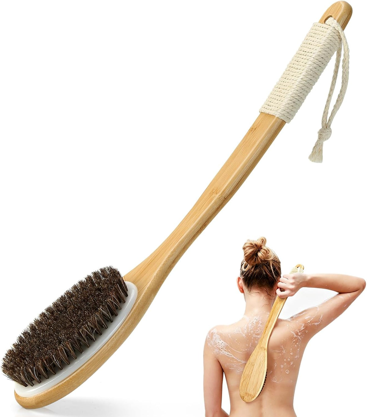 eaxun Bamboo Back Scrubber for Shower with Curved Long Handle, Shower Brush