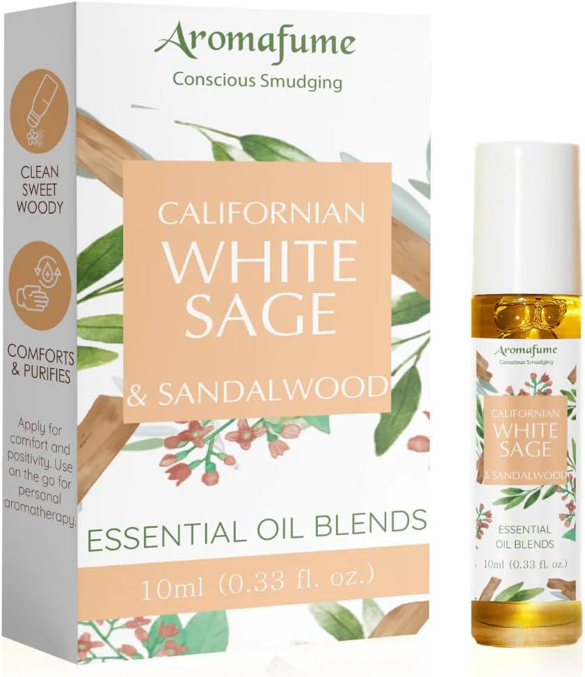 White Sage & Sandalwood Essential Oil Roll-On Blend by Aromafume | 10ml/0.33 fl oz | Aromatherapy Oil for Cleansing Negative Energy & Protection | Ethically sourced | Sage Oil for Smokeless Smudging
