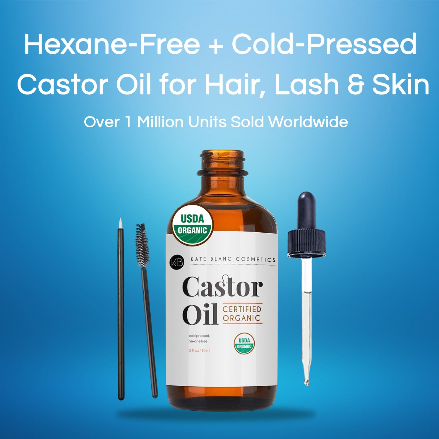 Kate Blanc Cosmetics Castor Oil Organic for Hair, Lashes, Face, Skin (2oz), 100% Pure, Cold Pressed, Hexane Free Hair Oil. Lash Serum for Thicker-Looking Eyelashes & Eyebrows