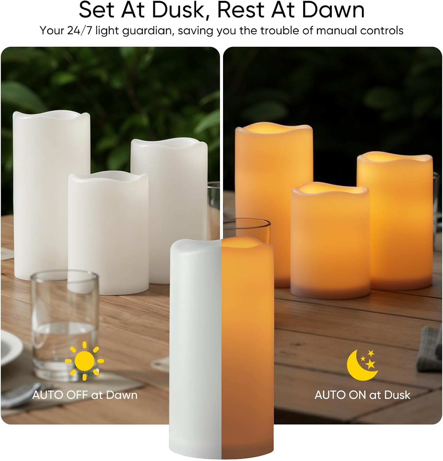 Raycare Outdoor Waterproof Flameless Candles-Auto Light Sensor Dusk to Dawn, Flickering LED Candle, Battery Operated Electric Fake Pillar Candle for Garden, Porch, Patio, Lantern Decor, (D3"xH4"5"6")