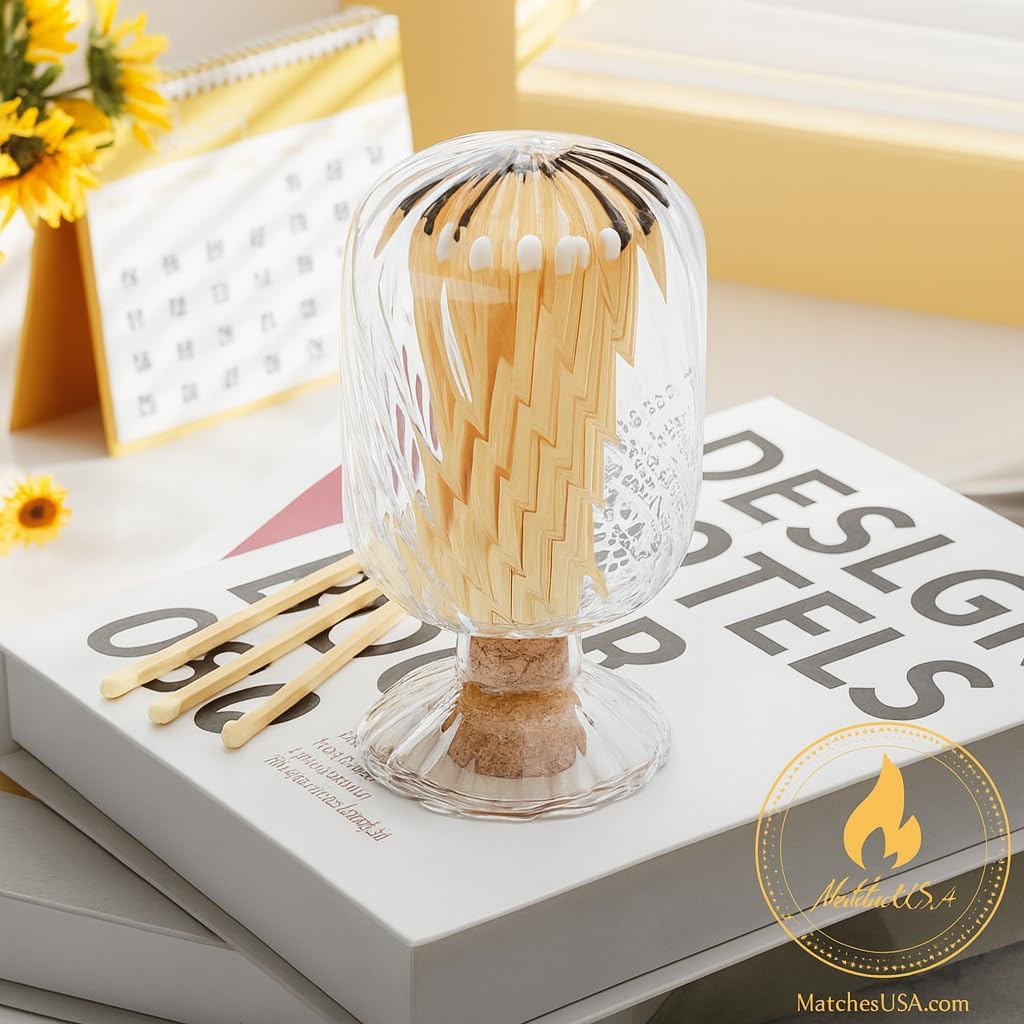Includes Matches! | Helix Spiral Shaped Glass Matches Cloche | Spiral Decorative Match Holder Jar for Candles Set Display