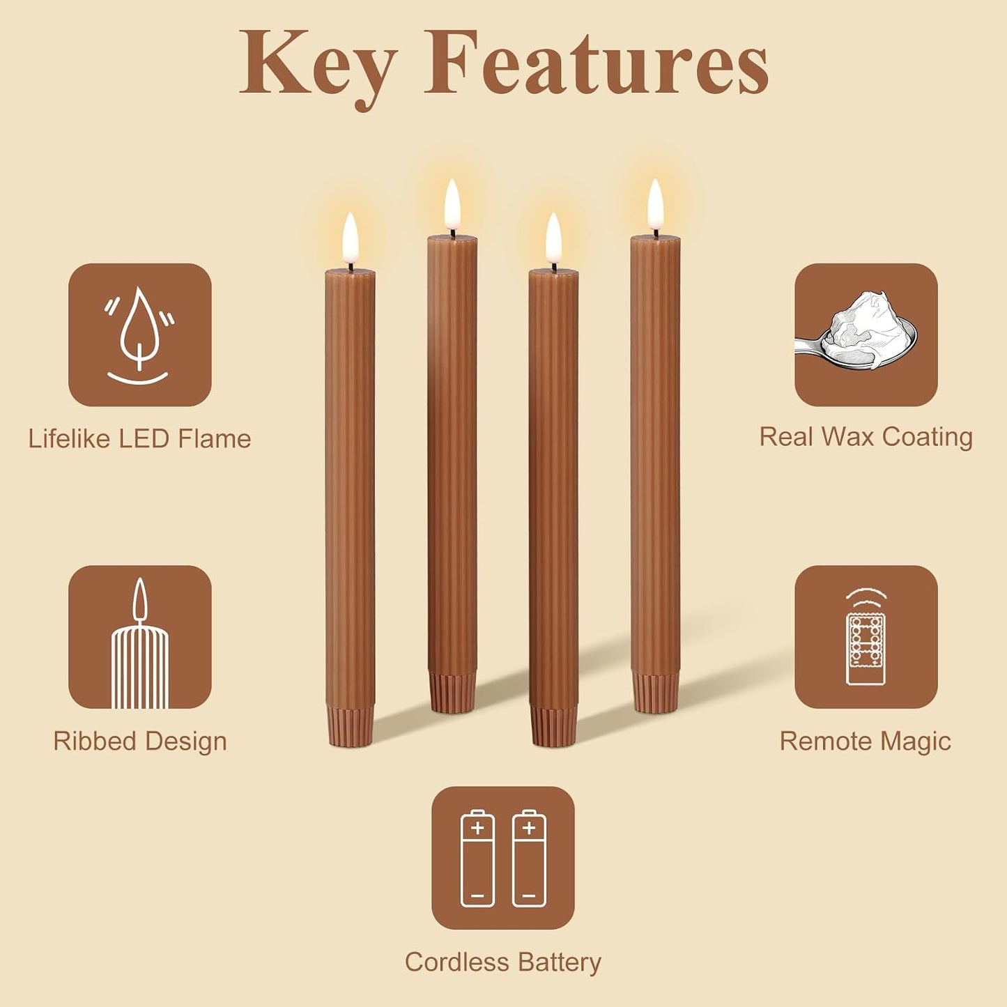 Brown Ribbed Fluted Flameless Taper Candles with Remote, Flickering Battery LED Wax Candlesticks Wedding Table Decor Set of 4