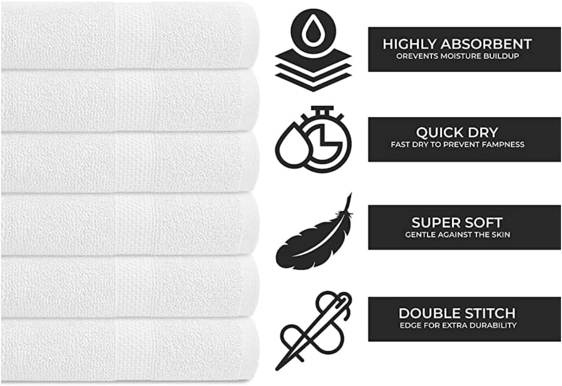 KAHAF COLLECTION 100% Cotton Bath Towel Set, White 24x48 Pack of 6 Towels, Quick Dry, Highly Absorbent, Soft Feel Towel, Gym, Spa, Bathroom, Shower, Pool, Luxury Soft Towels Light-Weight