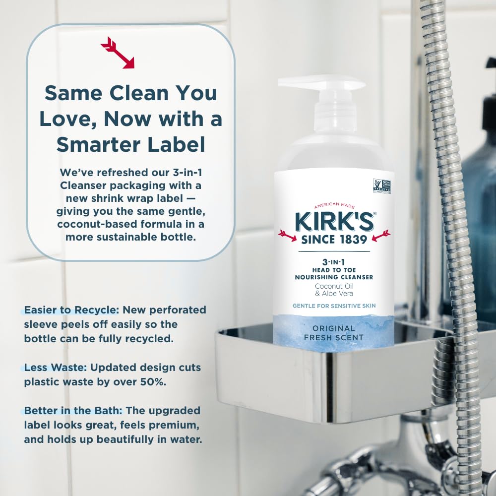 Kirk's Original Fresh 3-in-1 Nourishing Cleanser, Shampoo Body Wash Bubble Bath, Coconut Oil and Aloe Vera, Vegan Non-GMO, 32 Fl Oz, Pack of 2