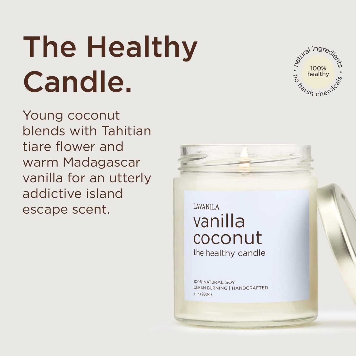 Lavanila Vanilla Coconut Scented Natural Soy Candle (2-Pack) - Handcrafted, Clean Burning 50 Hour Burn Time, 7 oz Each