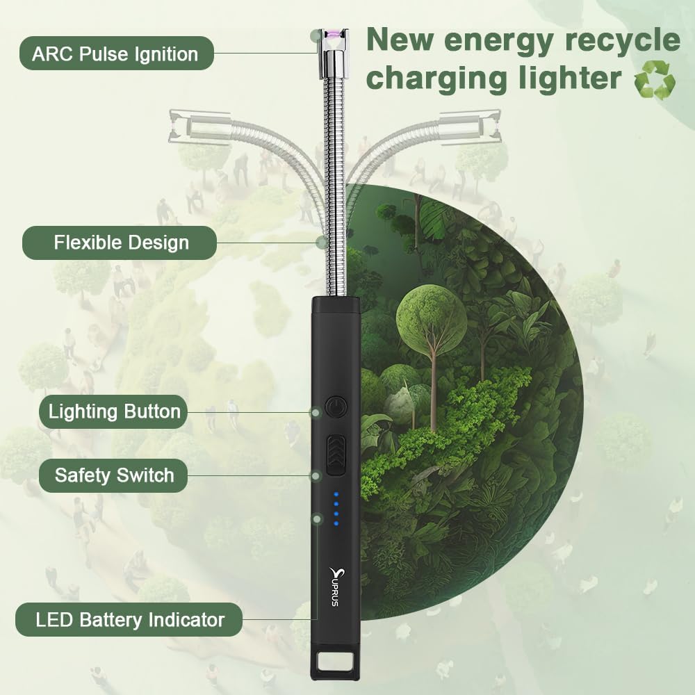SUPRUS Rechargeable Candle Lighter Electric Arc Triple Safety Long Lighter Stainless Steel Shell & Hanging Hook (Black)