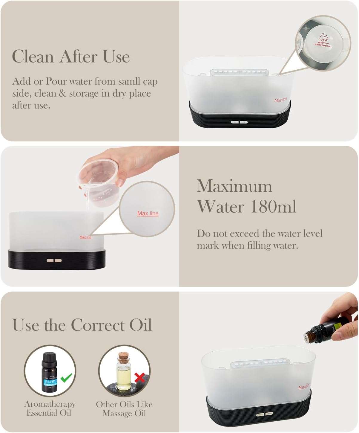 Aegci Essential Oil Diffuser,Humidifier with 7 Colors Flame Light,180ml Air Humidifiers for Bedroom, Home, Office, Gifts - Portable,Auto-Off Protection,4 Modes Mist(Black)