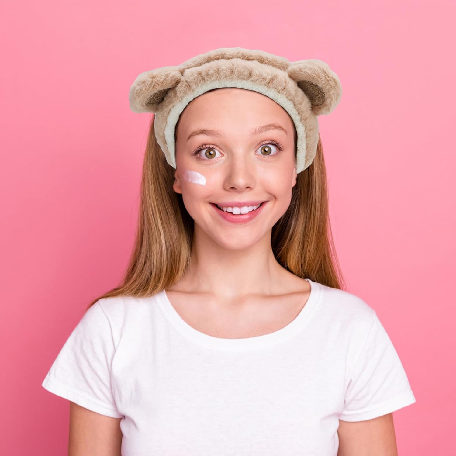 Canitor Face Wash Headband with Wrist Towels - Soft Coral Fleece Spa Makeup Headband, Cute Animal Elastic Skincare Design with Bear Ears