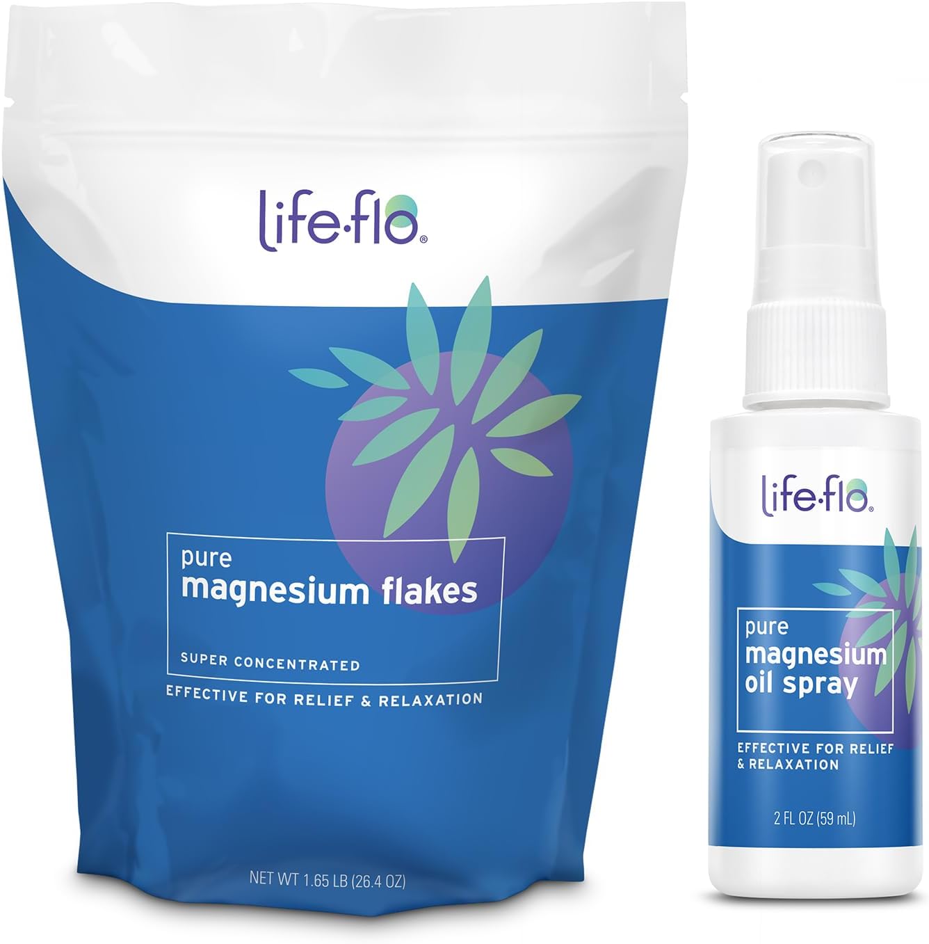 Life-flo Magnesium Bath Flakes and Pure Magnesium Oil Spray - Pure Magnesium Chloride from Zechstein Seabed - Relief and Relaxation Bundle - Soothes Muscles and Joints - 60-Day Guarantee, 26.4oz / 2oz