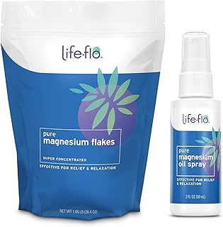 Life-flo Magnesium Bath Flakes and Pure Magnesium Oil Spray - Pure Magnesium Chloride from Zechstein Seabed - Relief and Relaxation Bundle - Soothes Muscles and Joints - 60-Day Guarantee, 26.4oz / 2oz