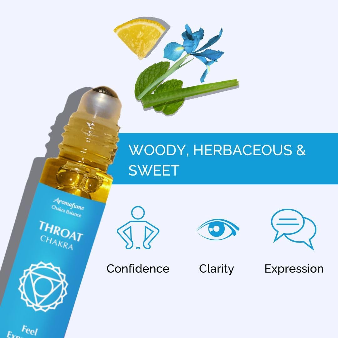 Throat Chakra Essential Oil Roll-On Blend by Aromafume | 10ml/0.33 fl oz | Vishuddha | Aromatherapy Oils for Chakra Balance | Peppermint & Lavender Extracts| Chakra Incense for Meditation, Yoga, Reiki