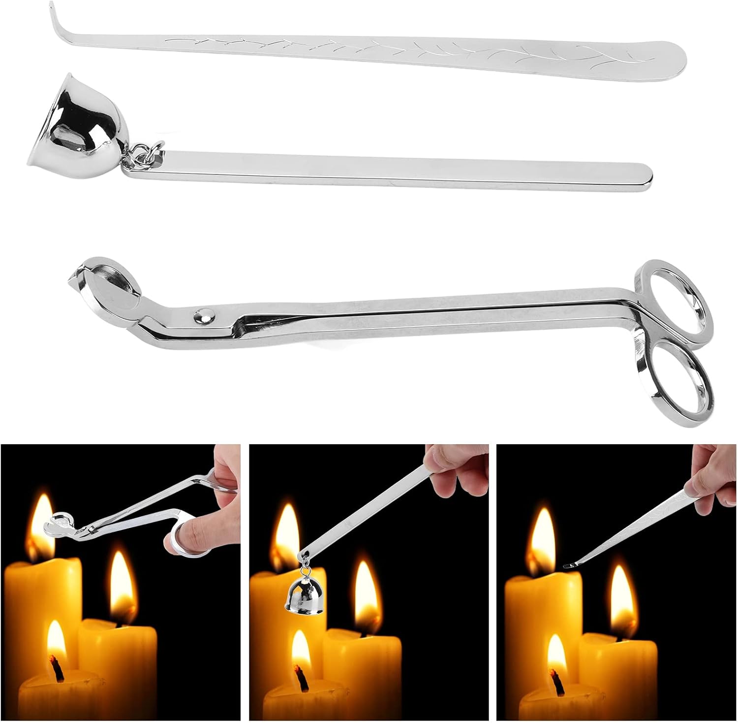 Candle Wick Trimmer Set, Silver Candle Tool Kit with Wick Dipper and Extinguisher, Elegant Stainless Steel Candle Accessories for Aromatherapy, for Candle Lovers