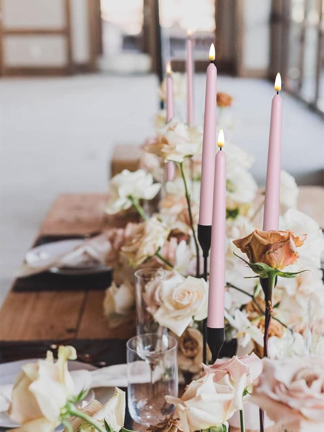 10 Pack Pink Flameless WAX Coverd 11'' Taper Candles with 2 Remote, LED Battery Operated Flickering Bright candle for proposal, wedding, festive, Family dinner, birthday party, or home decor