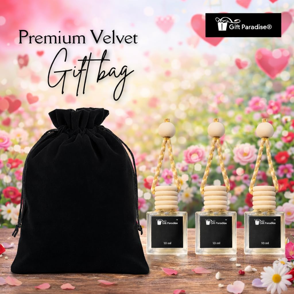 Gift Paradise® Spring Magnolia Hanging Car Freshener – Set of 3 (10 ml Each) – Long-Lasting Floral Fragrance Oil Diffuser for Car, Closet & Office – Soft & Clean Bloom Scent – Velvet Gift Bag Included