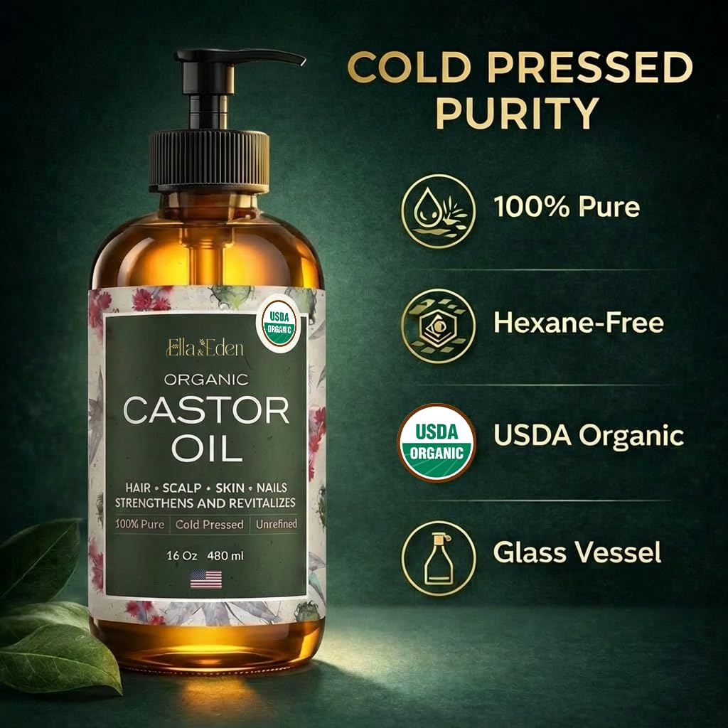 Ella & Eden USDA Organic Castor Oil – 100% Pure Cold Pressed Hexane-Free - Glass Bottle - For Hair Growth, Face, Eyelash, Skin, Stomach - Unrefined 16 Fl Oz