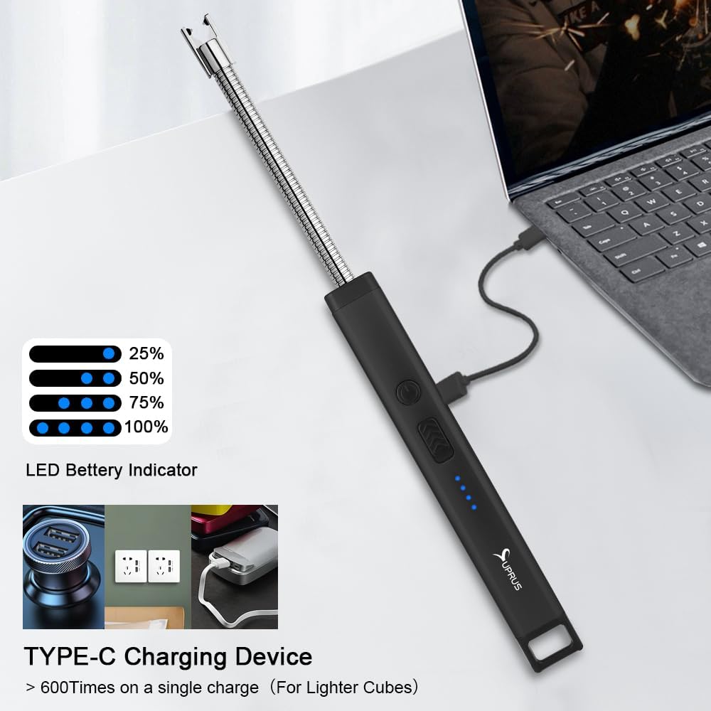 SUPRUS Rechargeable Candle Lighter Electric Arc Triple Safety Long Lighter Stainless Steel Shell & Hanging Hook (Black)