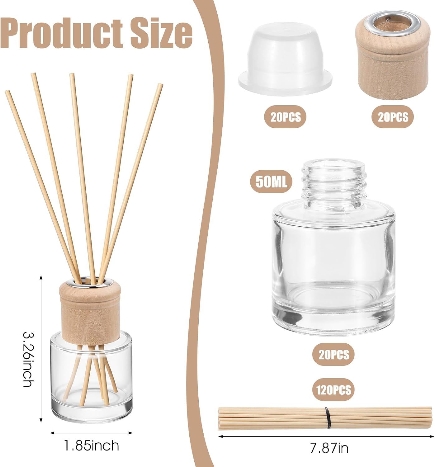 20 Set Reed Diffuser Bottle Refillable Empty Glass Jars with Wooden Caps & Sticks, 50ml (1.7 oz) Round Wide Mouth Bottles for DIY Fragrance, Home Decor, Gifts