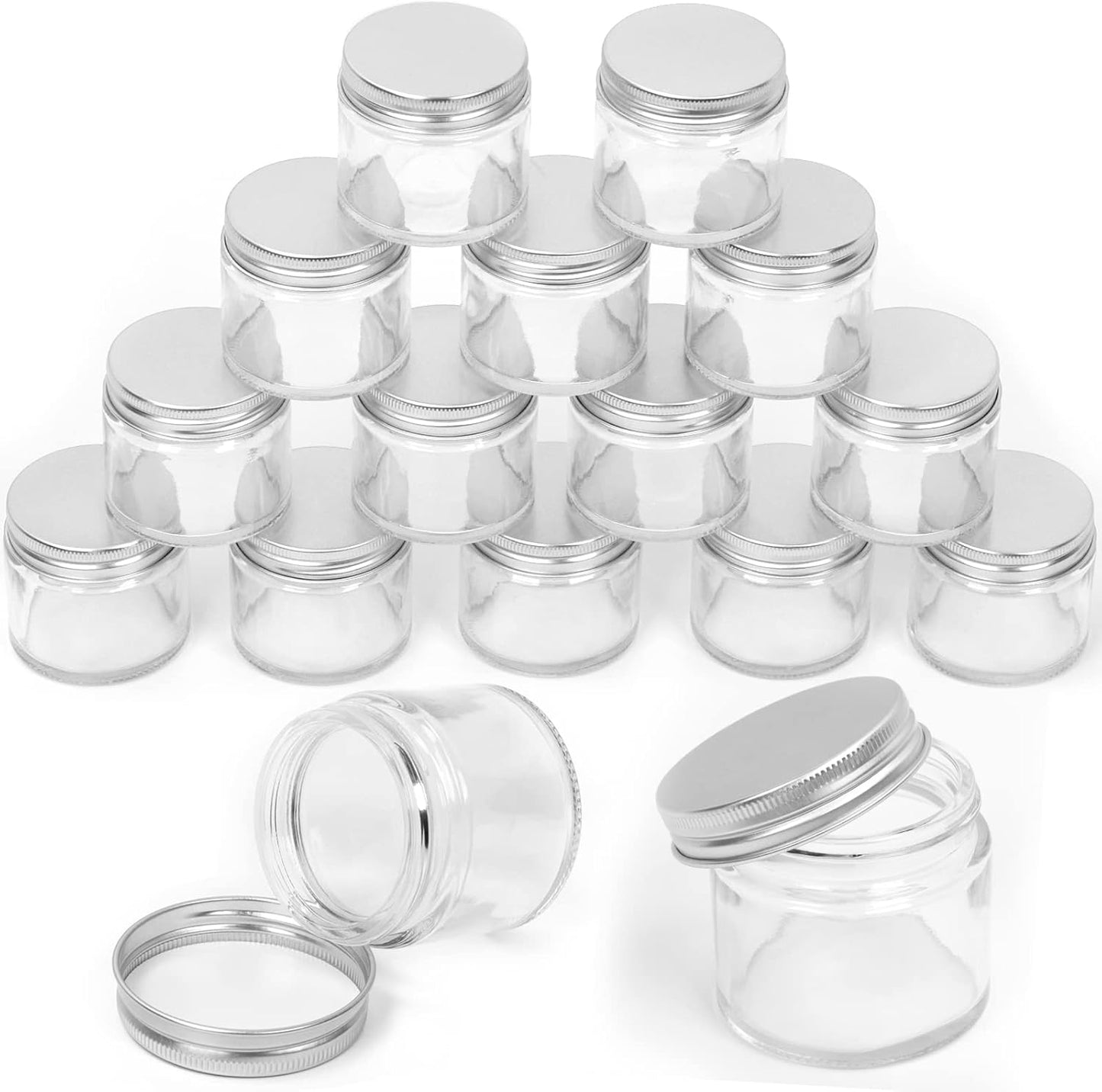 Swpeet 15 Packs 2 oz - 60ML Transparent Glass Jar with Silver Lid Assortment Kit, Round Containers Cosmetic Glass Jars with Lids Travel Jars Cosmetic Containers for Cream, Lotion