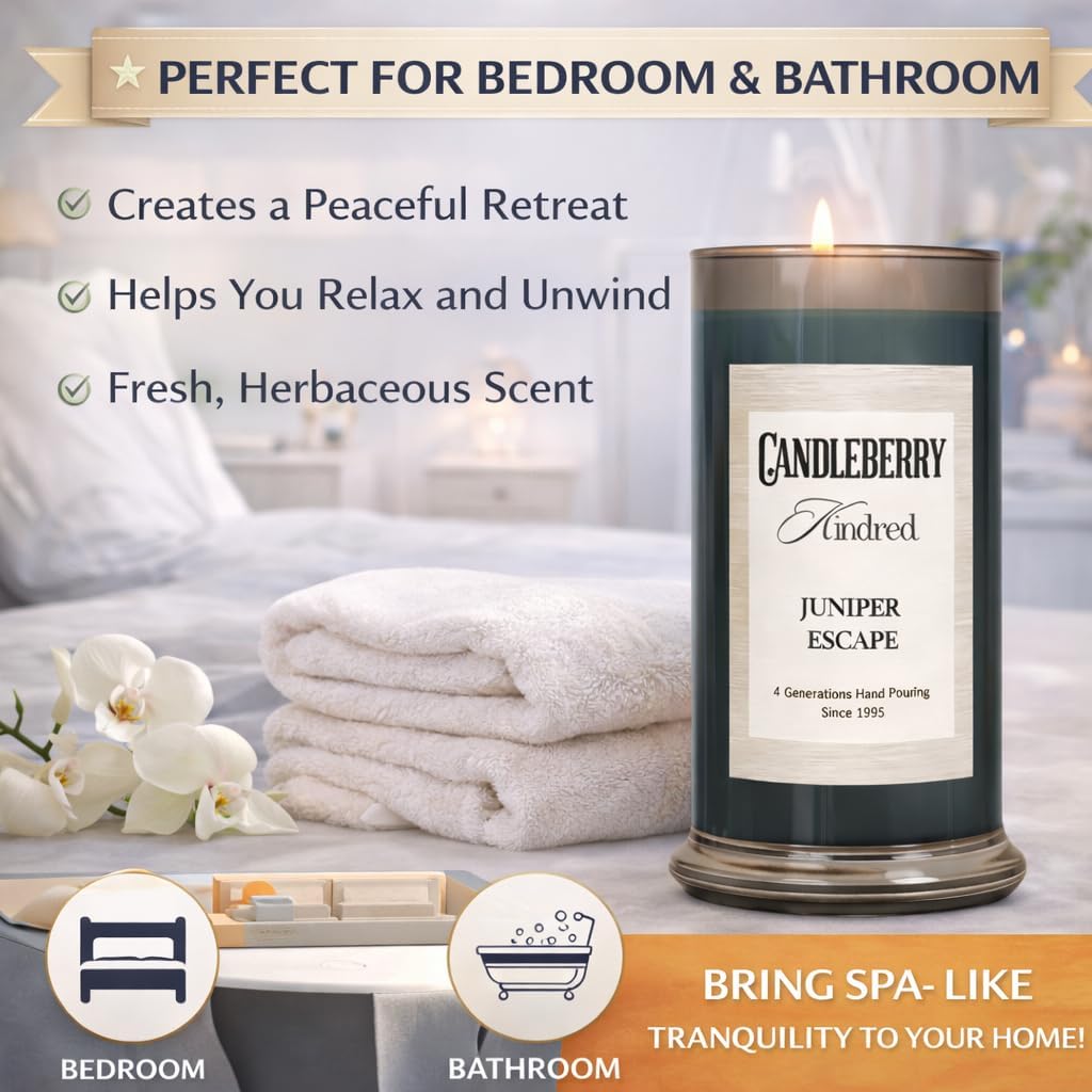 Candleberry Candles Kindred Tropical Citrus Collection | Luxury Glass Jar | USA Hand Poured Soy Blend Candle | Highly Scented & Long Lasting | Up to 90 hour Burn Time (Juniper Escape)